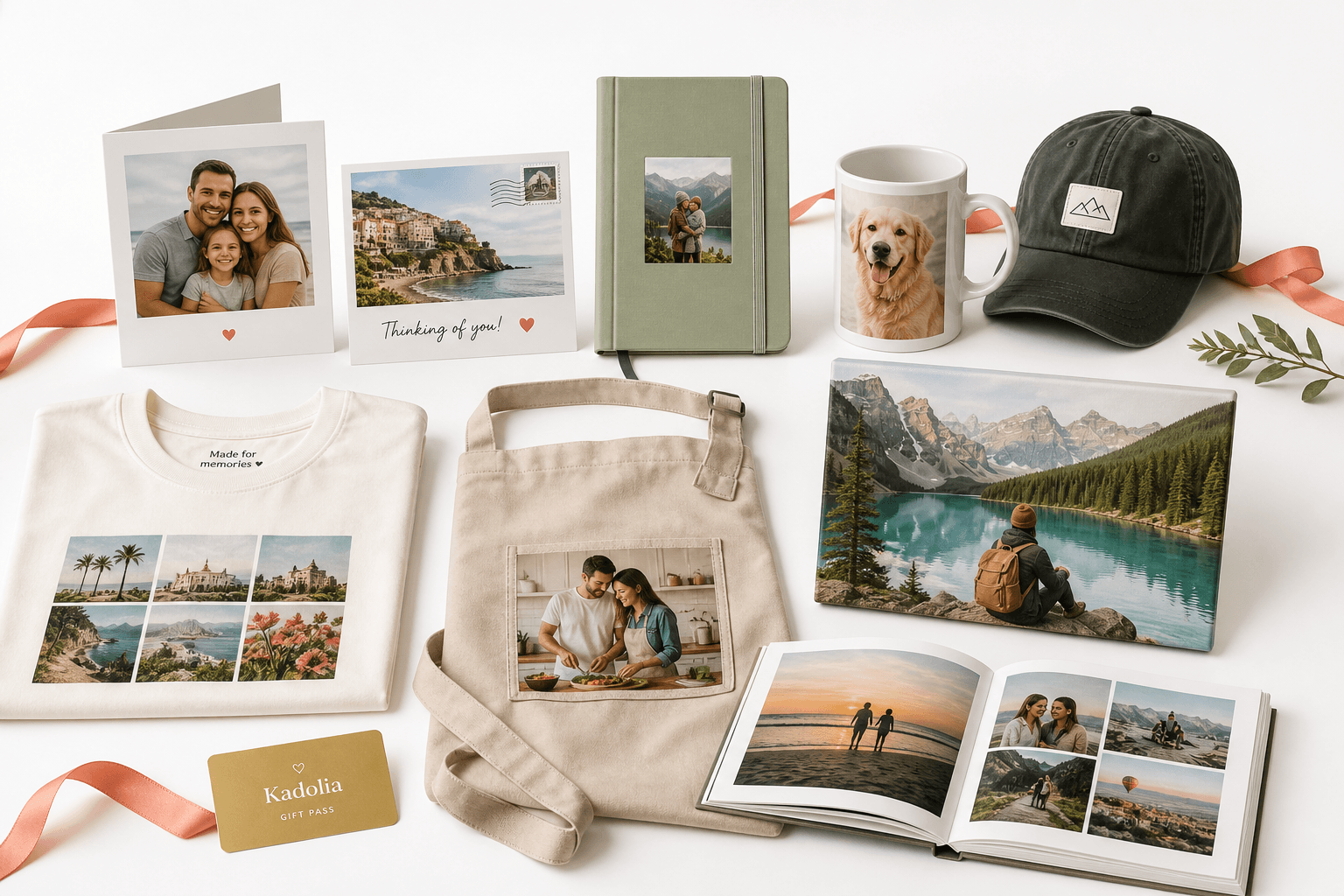 Kadolia personalized cards, mug, journal, hat, shirt, apron, tote, canvas and photo book